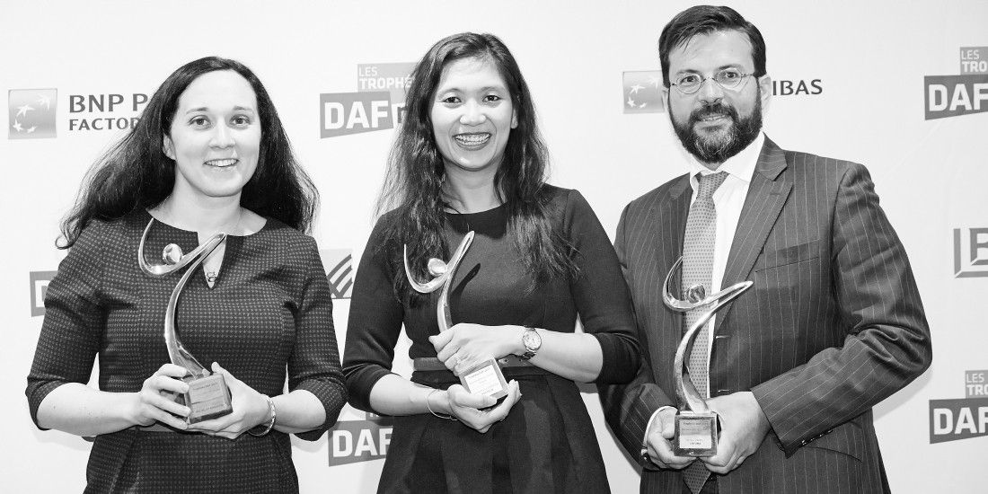 Les 3 lauréats des Trophées DAF 2017 (de gauche à droite): Estelle Leroy Savignac (Michel & Augustin), MongèTrang Sarrazin (Doctolib) et Nicolas Zanelli (Lafuma).